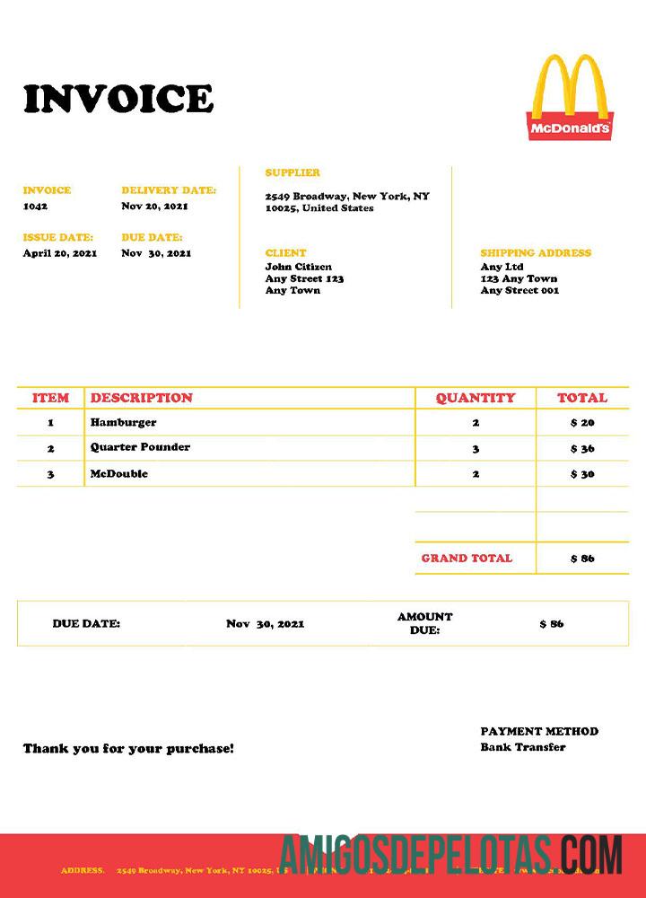imprimível Modelo de fatura do Mcdonald's dos EUA
